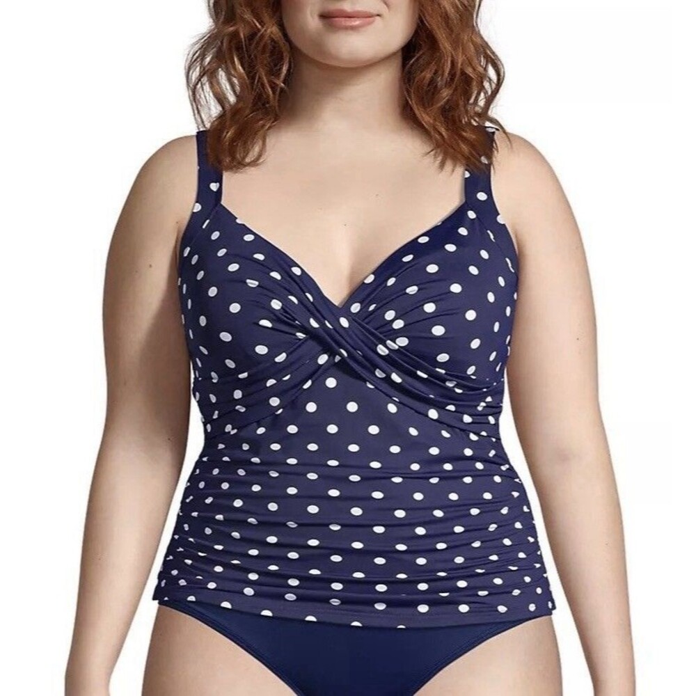 NWT Lands End Navy Blue Polka Dot Tankini Top 16W Underwire Swimsuit Top New